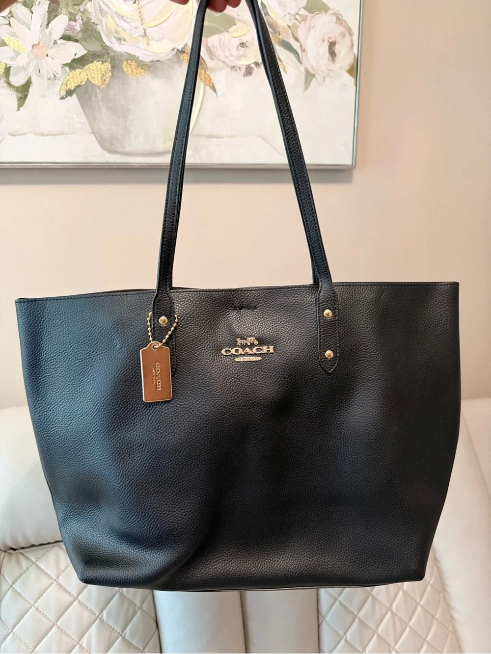 Coach Black Leather Tote with Gold Hardware Accent